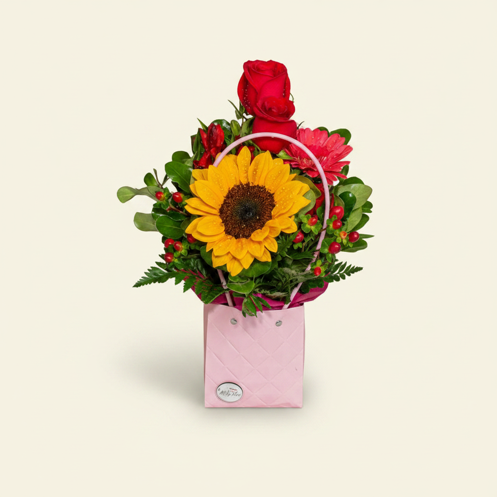 Arreglo Bondadosa con rosas y girasol · Mely Flor