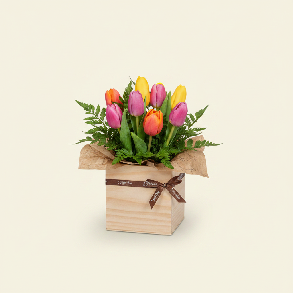 Caja Sabia con tulipanes en caja de madera · Mely Flor